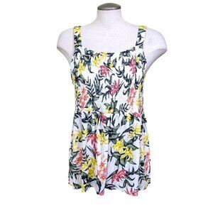 Womens M Smocked Tank Top Hawaiian Print Wide Strap Babydoll Y2K Square Neck